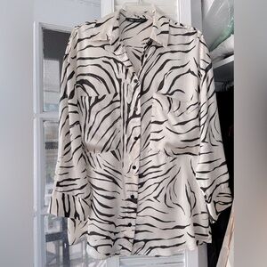 Zara Cream Animal Print Satin Shirt - Small